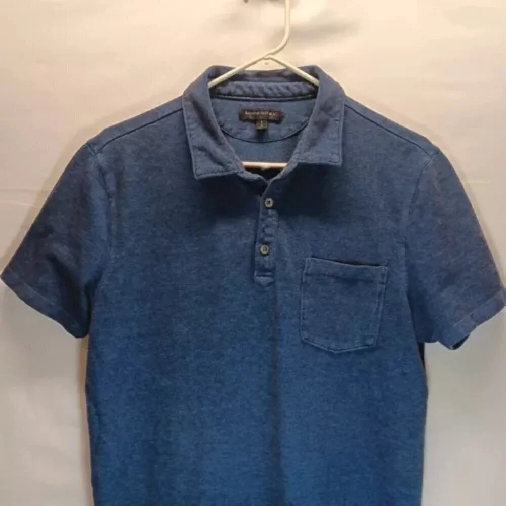 Banana Republic Pique Polo Men's Large Heathered Blue Front Pocket Top Shirt GUC